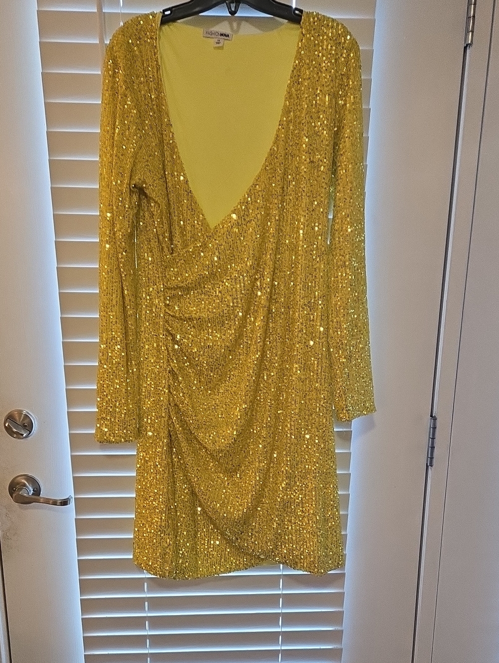 Fashion Nova Yellow Sequin Deep-V Long Sleeve Mini Dress